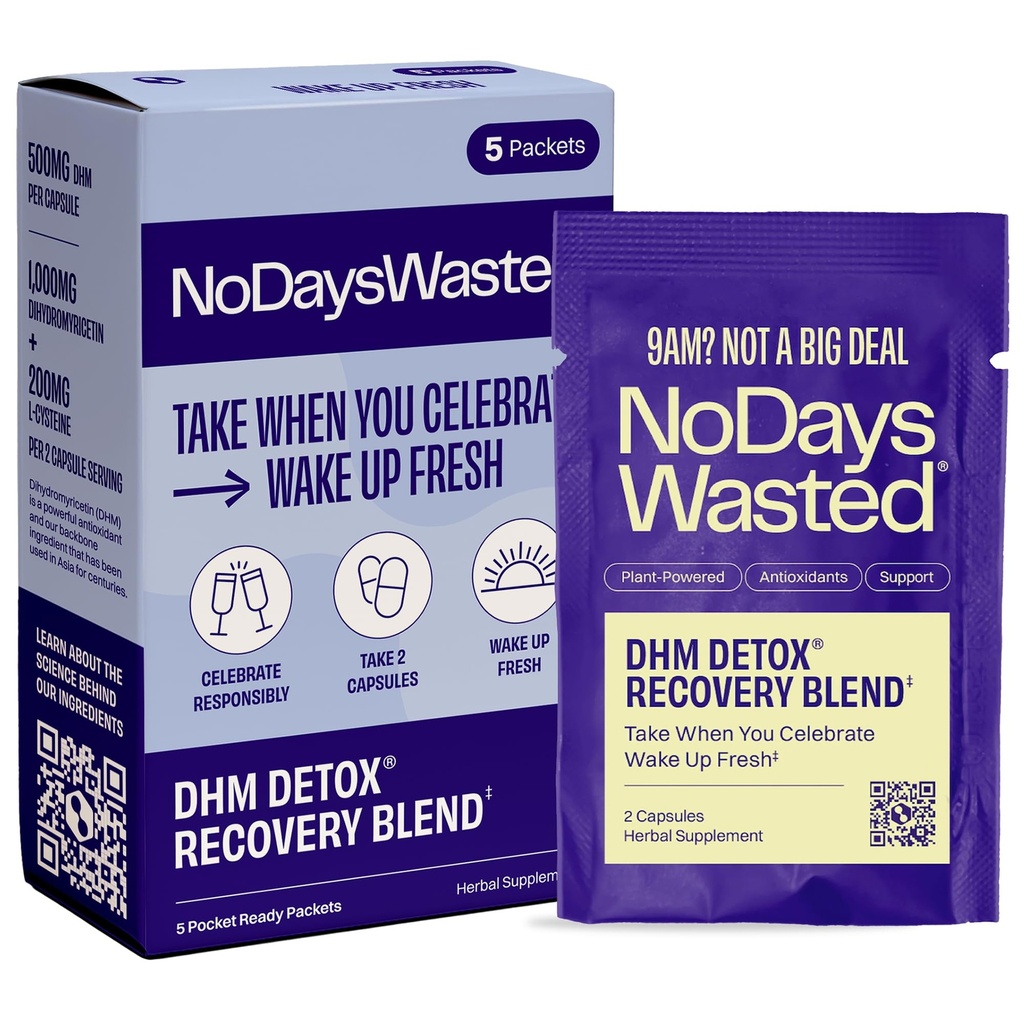 No Days Wasted DHM Detox 5 Portable Servings - Optimized Blend of DHM (Suplemento de Dihidromyricetina) y Vitaminas a tomar durante la noche para mejorar el próximo día y la recuperación