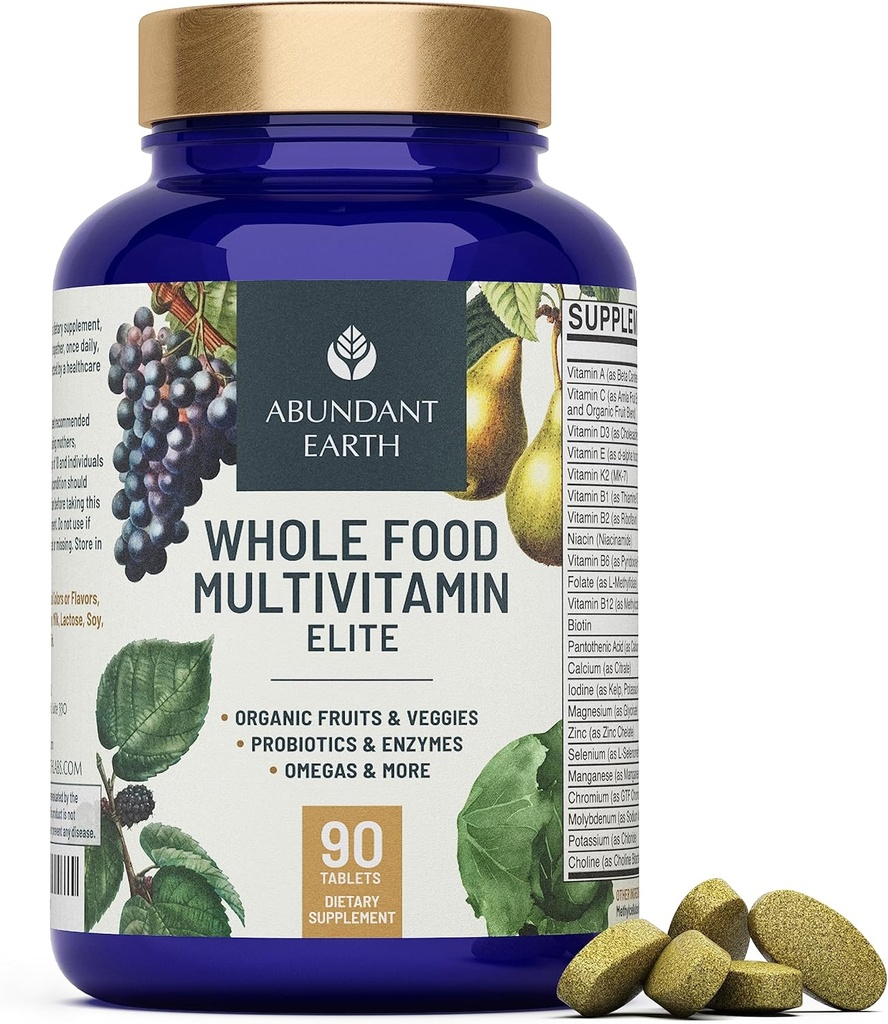 Multivitaminas Alimentarias enteras para Mujeres Suplementos diarios de vitaminas para Hombres Multivitaminas + Complejo B, Probiótico Multi Enzima, Omegas para energía orgánica Digestión 90ct-4pk