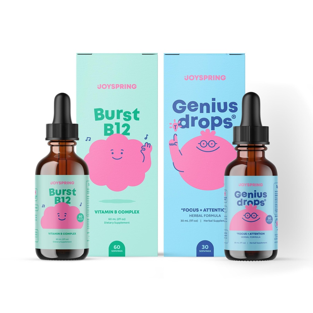 JoySpring Liquid B Complex y Genius Focus Drops para niños