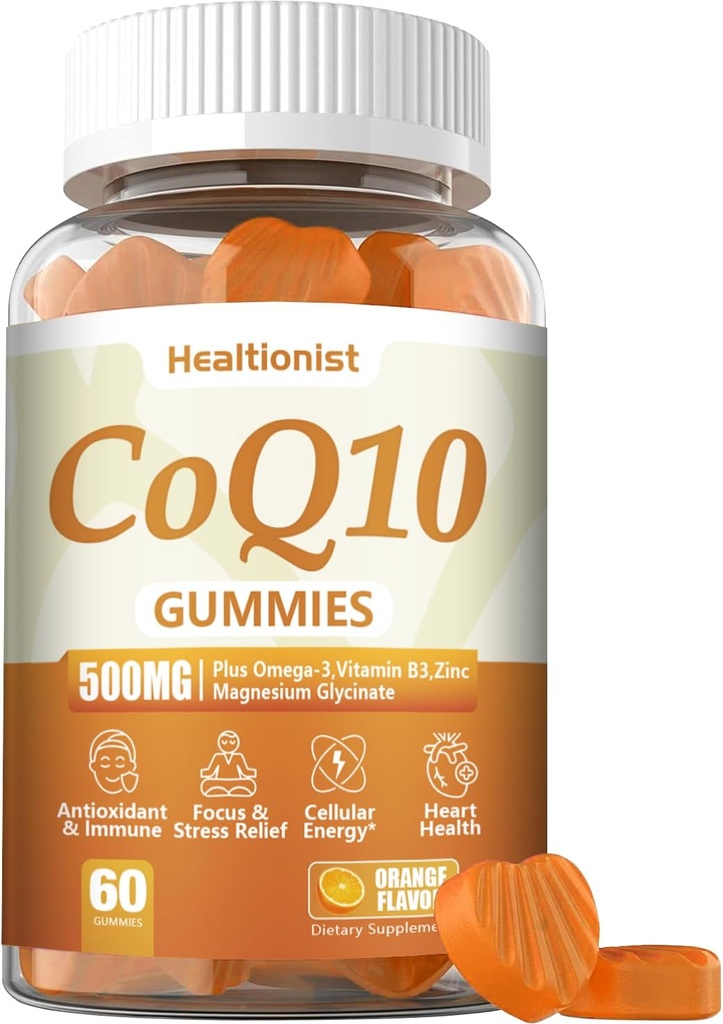 1 Pack 500MG Coq10 Gummies - 3X Mejor Absorción, Plus Omega-3, Magnesio, Vitamina B3 &amp; Zinc - Coenzyme Q10 Suplementos para la Salud del Corazón, Energía Celular & Antioxidante, Vegan, 60 Condes