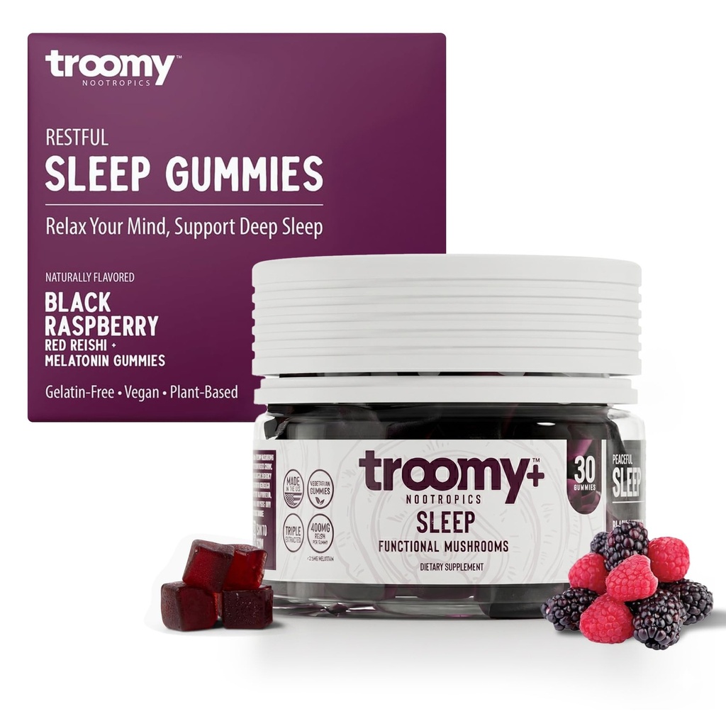 Troomy Sleep Reishi + Melatonin Great Tasting Mushroom Gummies - Soportes Descanso sueño - Black Raspberry - 30 cuenta