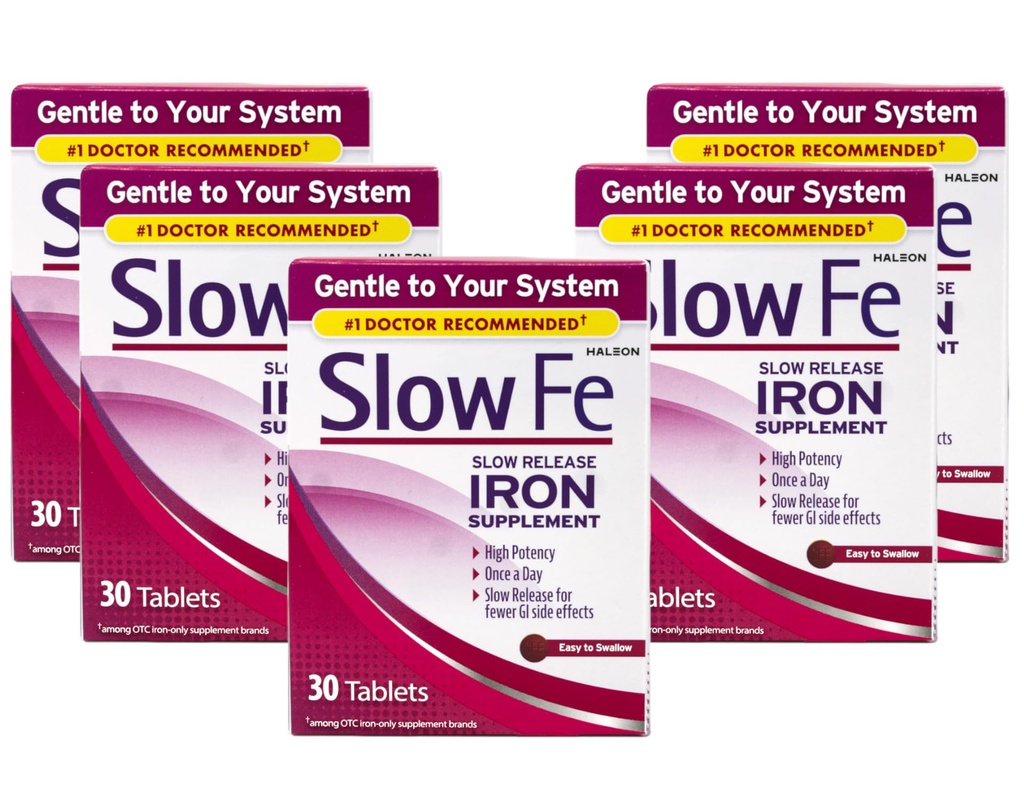 Suplemento de hierro de liberación lenta, alta potencia, una vez al día, suave en el sistema, 30 tabletas (Pack de 5)