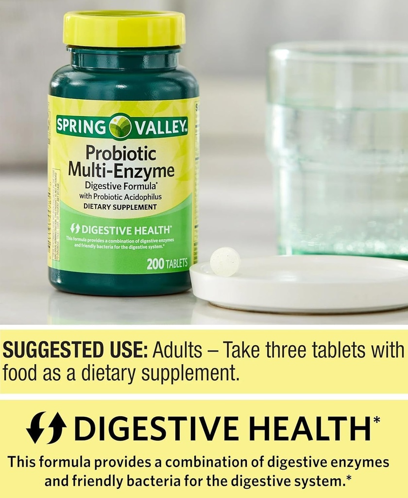 Suplemento Probiótico con Enzimas Digestivos para Hombres y Mujeres, 200 Tabletas - Incluye Acidophilus, y Prebióticos para Gut Health y Apoyo Digestivo.