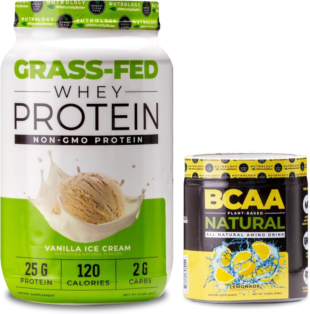 Nutrology Grass Fed Whey Protein Powder, soporta Lean Muscle Recovery & Performance, Vanilla Ice Cream Flavor (28 Servings) BCAA Natural, Lemonade Flavor (30 Servimientos)