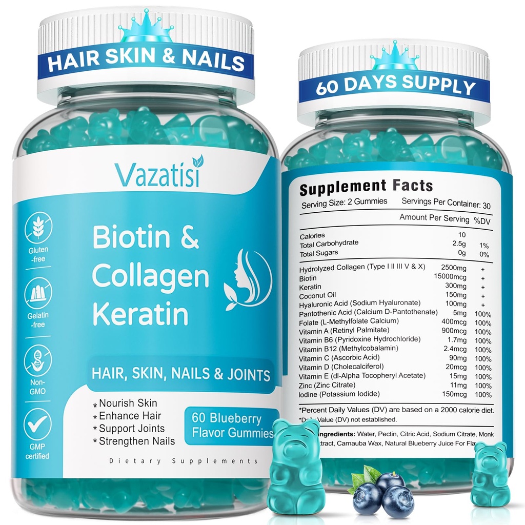 2 Pack Biotin Gummies con Collagen " Keratin para las uñas de la piel del cabello- Mujeres Hombres, Niños - 120 Blueberry Flavored Gummies