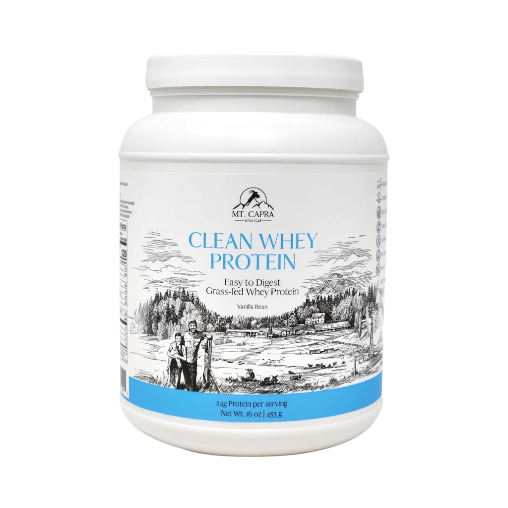 Mt. Capra Clean Whey Protein ← Grass-Fed Undenatured Goat Whey Protein Powder ← 24 g Protein Per Serving, All Natural, Non-GMO, High in Branch Chain Amino Acids tención Vanilla Bean ← 15 Servings - 16 oz