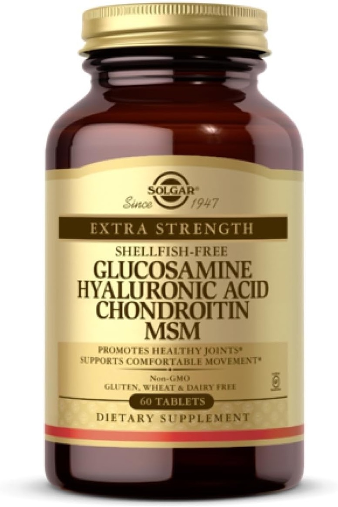 Solgar Glucosamine Hyaluronic Acid Chondroitin MSM (Shellfish-Free), 60 Tablets - Joint Support & Comfort - Supports Active Lifestyles - Non-GMO, Gluten Free, Dairy Free - 20 servicios