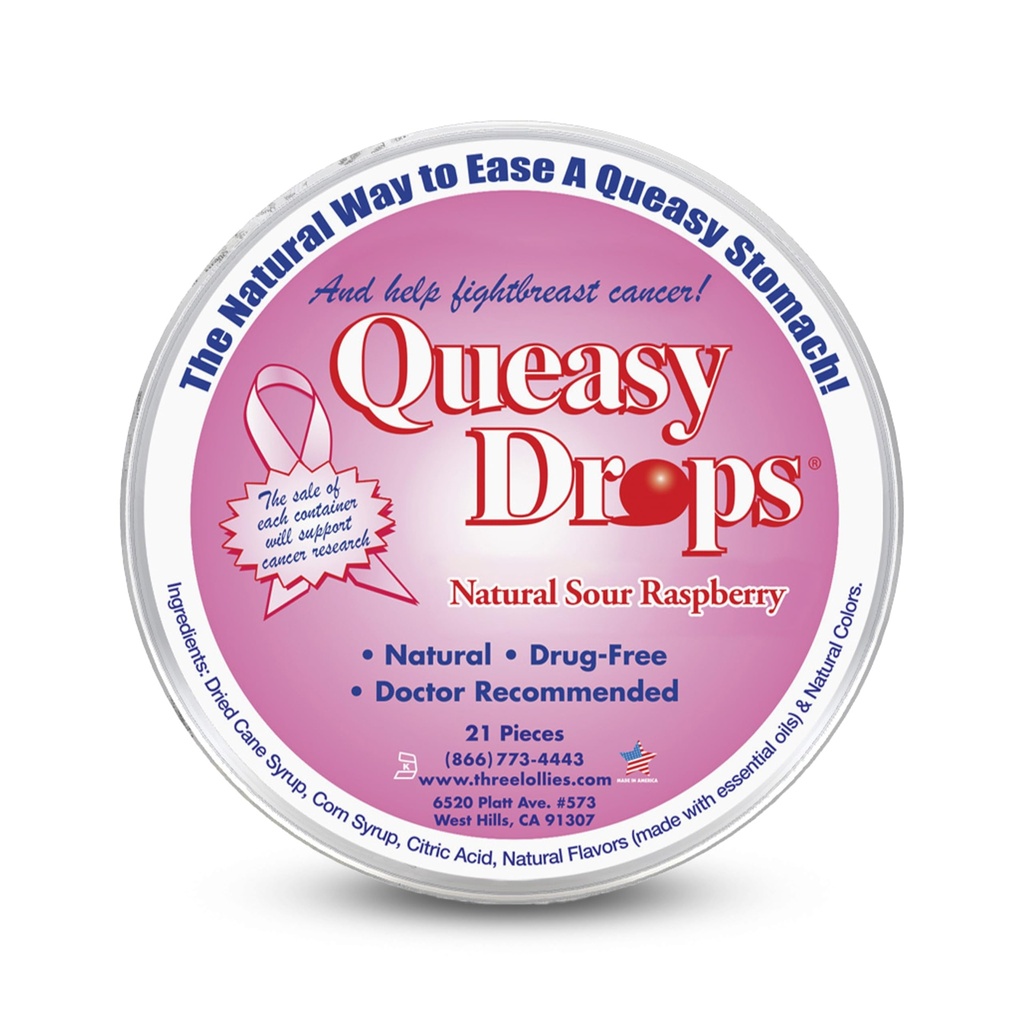 Three Lollies Queasy Drops - Sour Raspberry Flavor - Travel Sickness & Nausea Relief, Soothes Stomach " Dry Mouth, Natural Ingredients - 21 ct