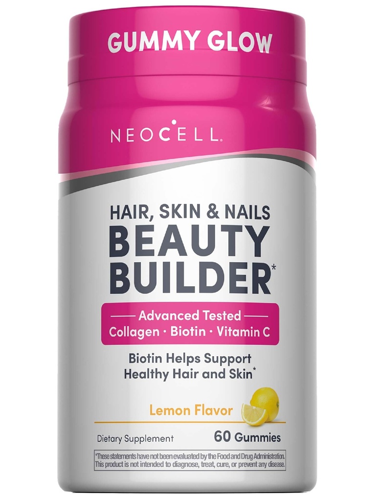 NeoCell Hair, Skin and Nails Beauty Builder Con Collagen, Biotin y Vitamina C, Incluye Antioxidantes, Gummy, Lemon, 60 Cuenta, 1 Botella