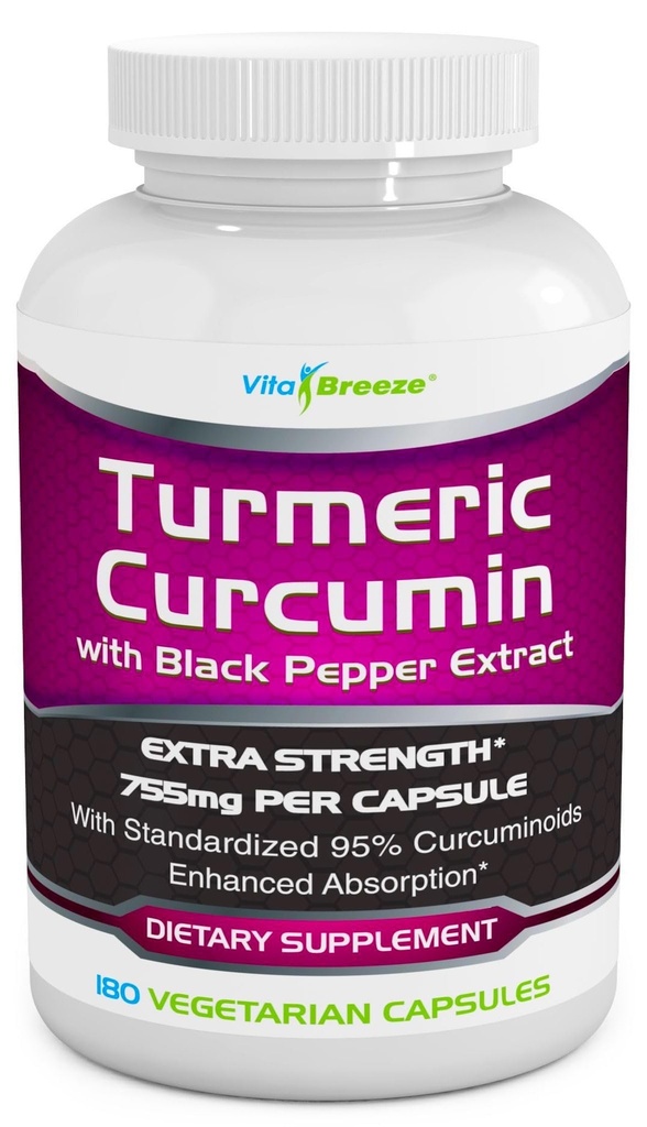Complejo de Curcumina Turmérica con Extracto Pepper Negro - 755mg por Cápsula, 180 Veg. Caps - Contiene Piperina (para Absorción Superior y Biodisponibilidad Tumérica) y Curcuminoides Normalizados 95%
