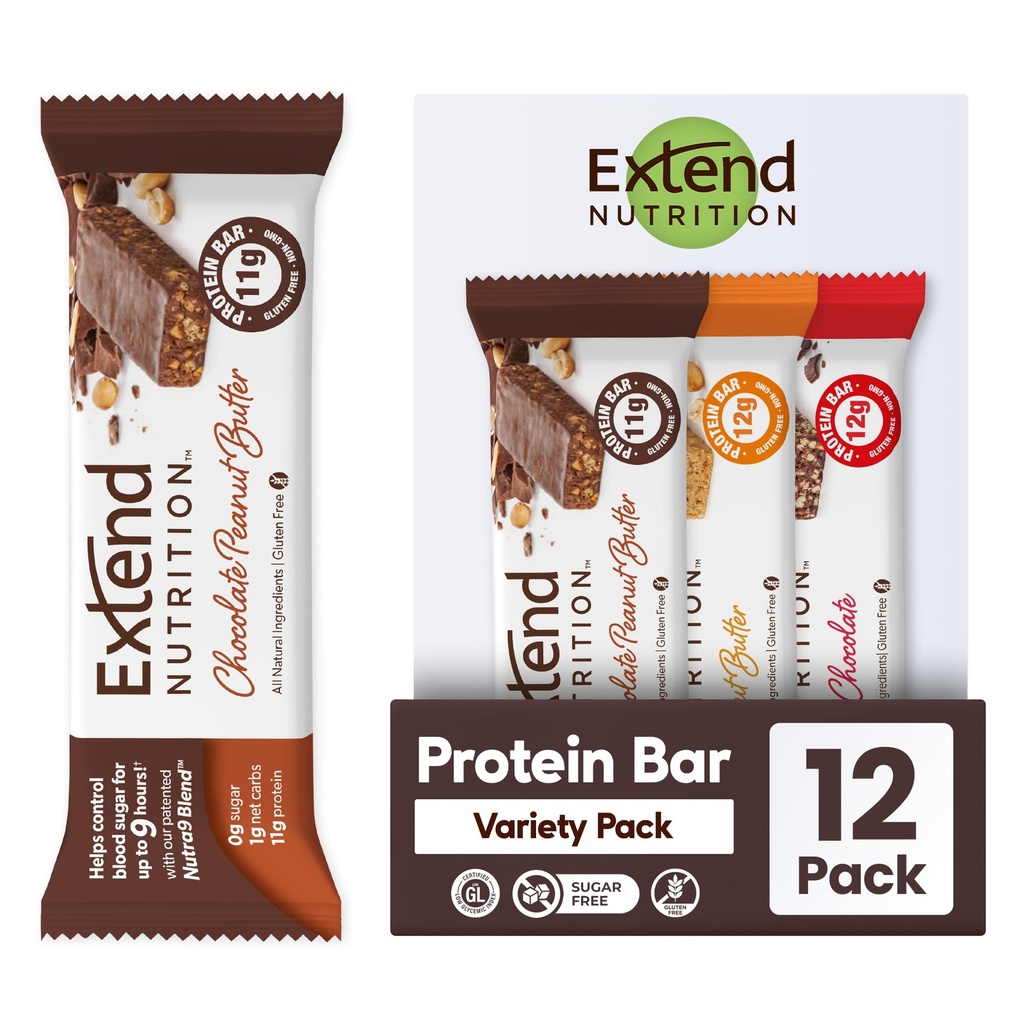 Extender Bares de Proteína Libre de Azúcar, Snacks Diabéticos Perfectos, Alta Proteína y Fibra, Control del Hambre " Energía Steady, Baja Carb, Keto Friendly (12 Conde, Pack Variedad)