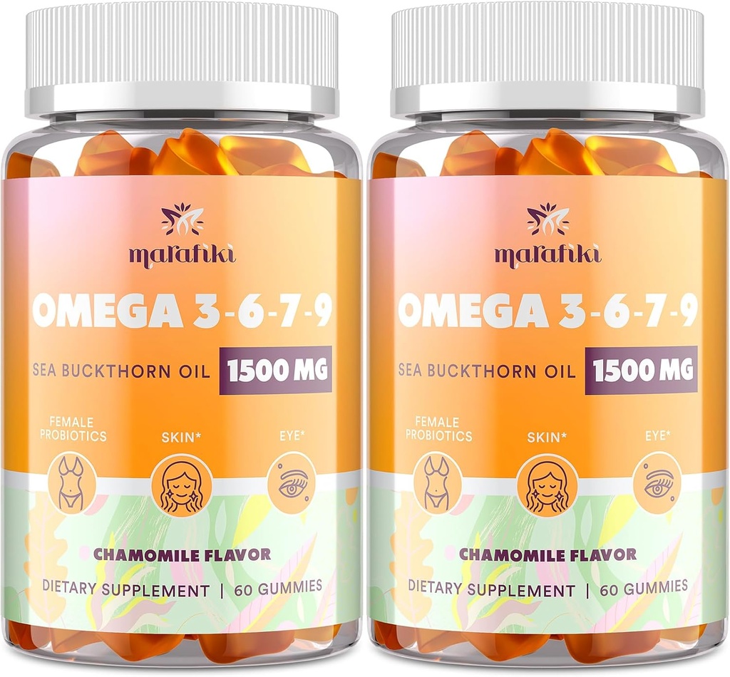 Omega-7 Sea Buckthorn Oil Gummies, Omega 3 6 7 9 Suplemento para Mujeres, Flaxseed Oil, Vitaminas E, A & Probióticos - Piel, Ojo & Sequedad, Chamomile Flavor - 120 Gummies