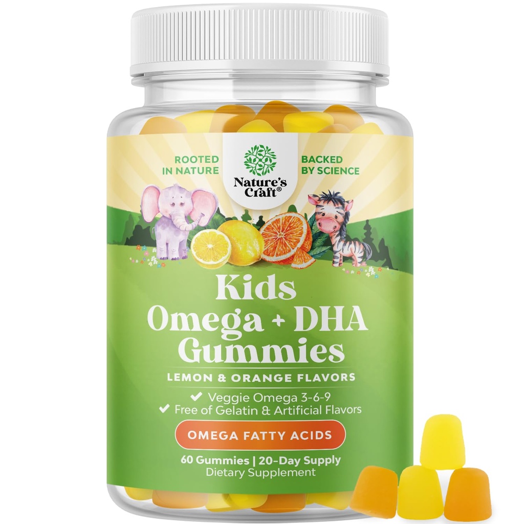Niños DHA Omega 3 Gummies - ácidos grasos Omega 3 6 9 para cerebro, Immune Strength & Vision - Nutricional DHA para niños para el sistema nervioso saludable " Apoyo en foco - Fish Free, Vegan " No GMO - 60 Chews
