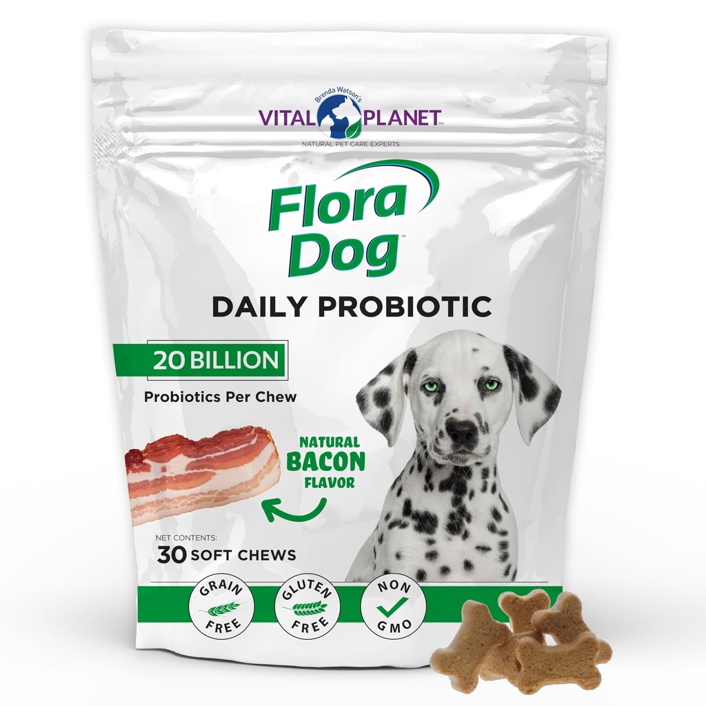 Planeta Vital - Probióticos para perros Flora, Ciervos para perros Suplemento con 20 culturas de billón y 11 Strains, Apoyo Inmune y Digestivo Probióticos Chewable para perros, 30 Píldoras suaves saboreadas de tocino natural