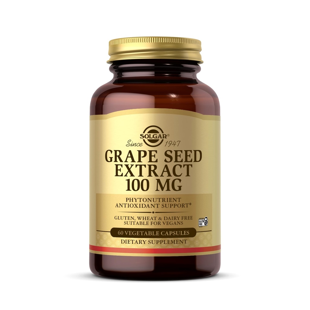 Solgar Grape Seed Extract 100 mg, 60 cápsulas vegetales - Phytonutrient Antioxidant Support - Vegan, Gluten Free, Dairy Free - 60 piezas