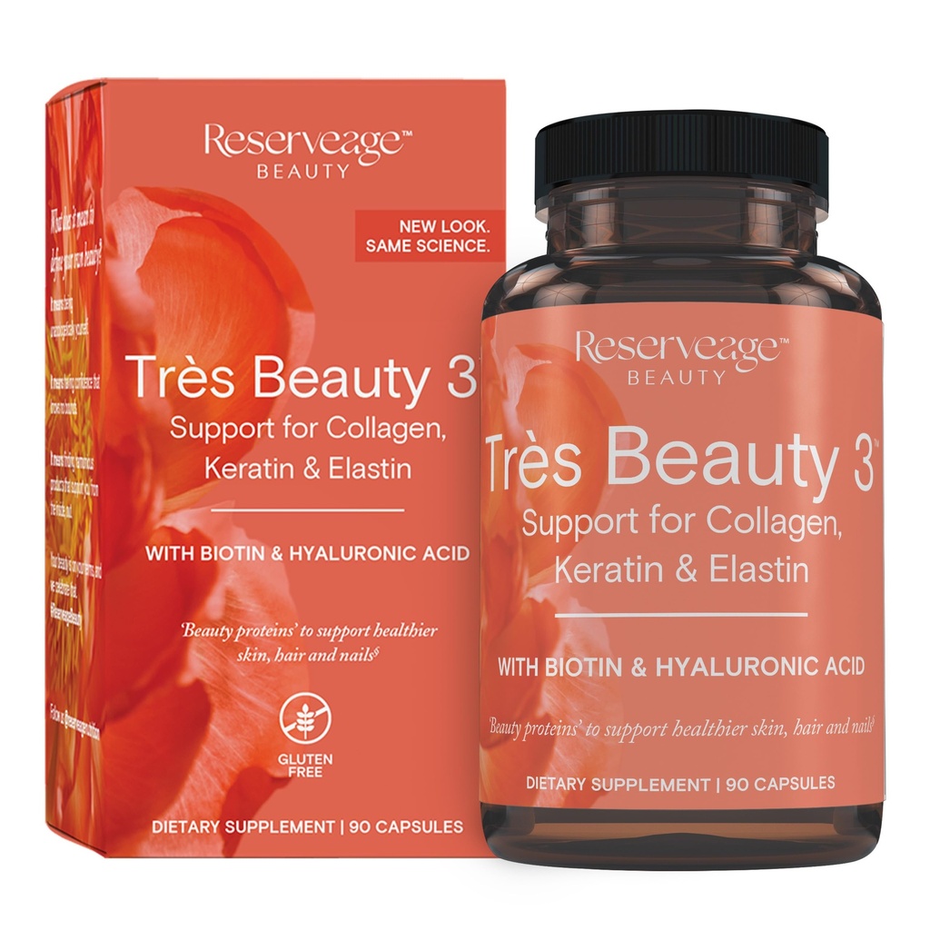 Nutrición de reserva - Tres Belleza 3 - Suplemento para el crecimiento del cabello, cuidado de la piel &amp; cuidado de uñas - Suplemento de colágeno con queratina &amp; Biotina - Gluten Gratis - 90 cápsulas (30 servidos)