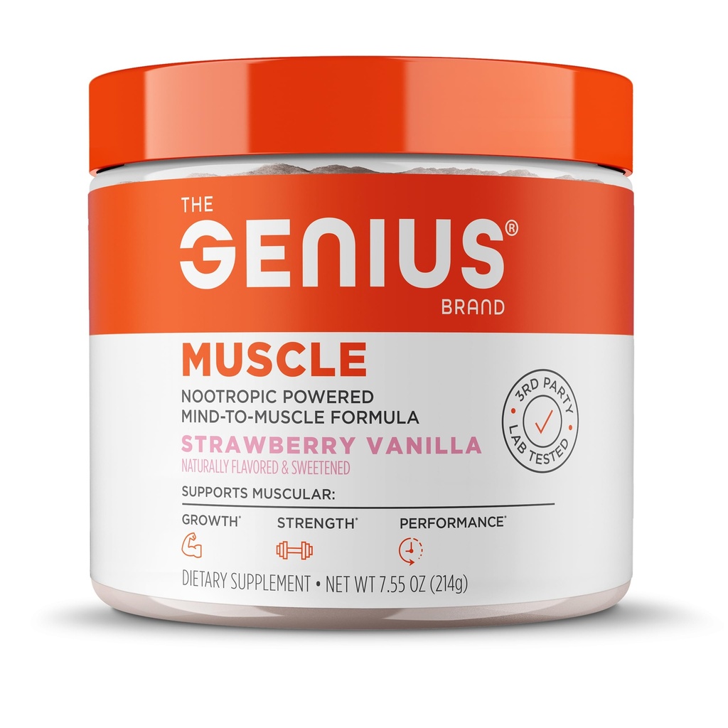 The Genius Brand Genius Muscle - Muscle Health Supplement for Growth, Endurance & Recovery - Non-Hormonal Formula - 6 Organic Mushrooms - Naturalmente-Sweetened - 30 Servings - Strawberry Vanilla