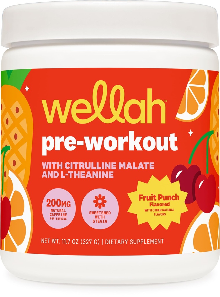 Wellah Pre-Workout Drink Mix (Fruit Punch Flavored, 30 Servings) - con Citrulline Malate y L-Theanine, 200mg de Natural Caffeine &amp; 1000mg de Beta-Alanine