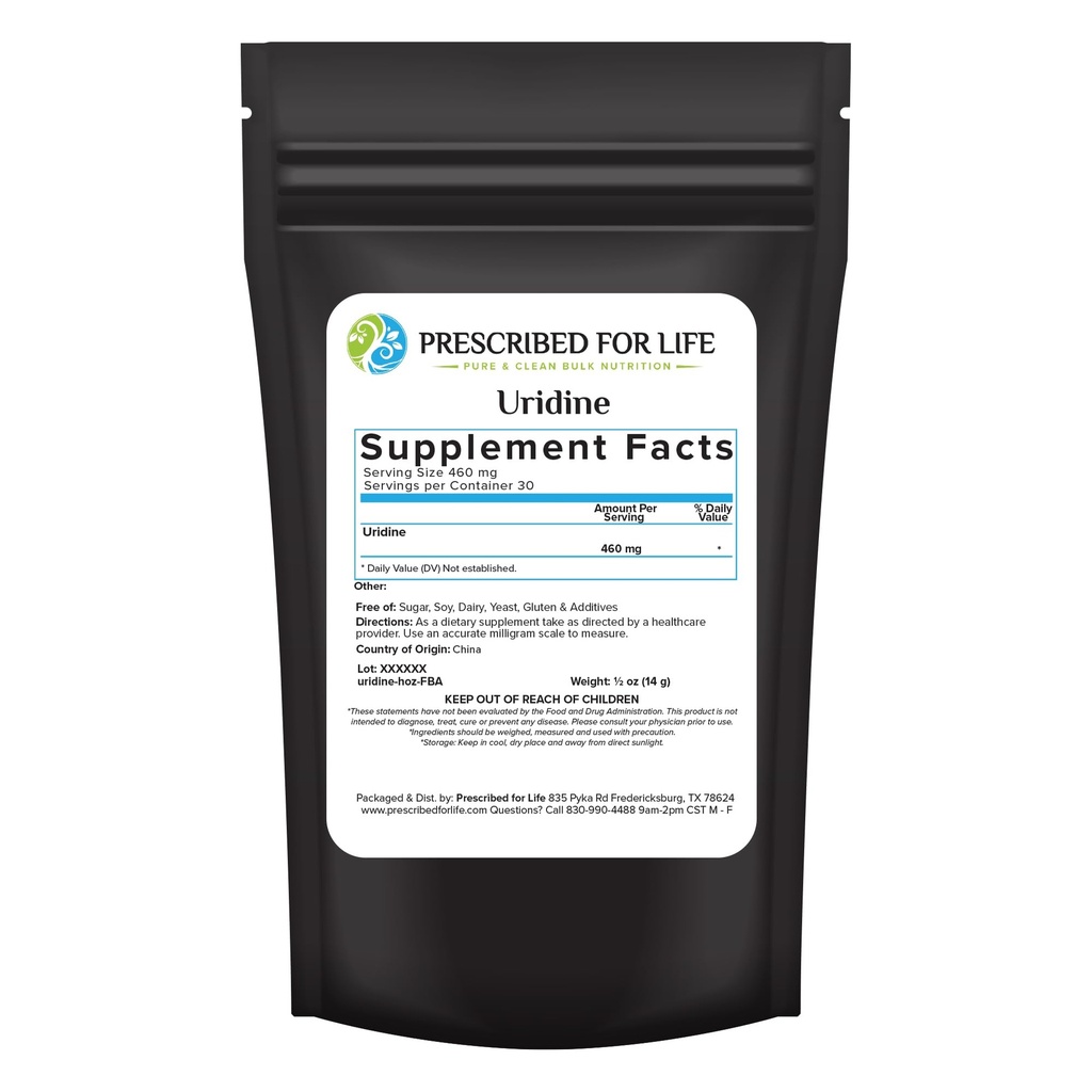 Prescrito para la vida Uridine, Pure Uridine Monophosphate Powder, Suplemento Nootropic para la memoria, la claridad, " Focus, No Fillers, No Additives, Vegan, Non GMO (0.5oz / 14g)