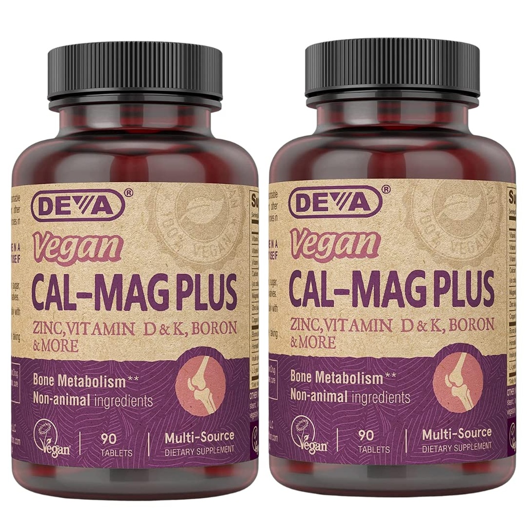DEVA Magnesio de Calcio Vegano Suplemento 2-Pack, Plus Zinc, Vitaminas C, D &amp; K, Borón, 90 Tabletas Cada