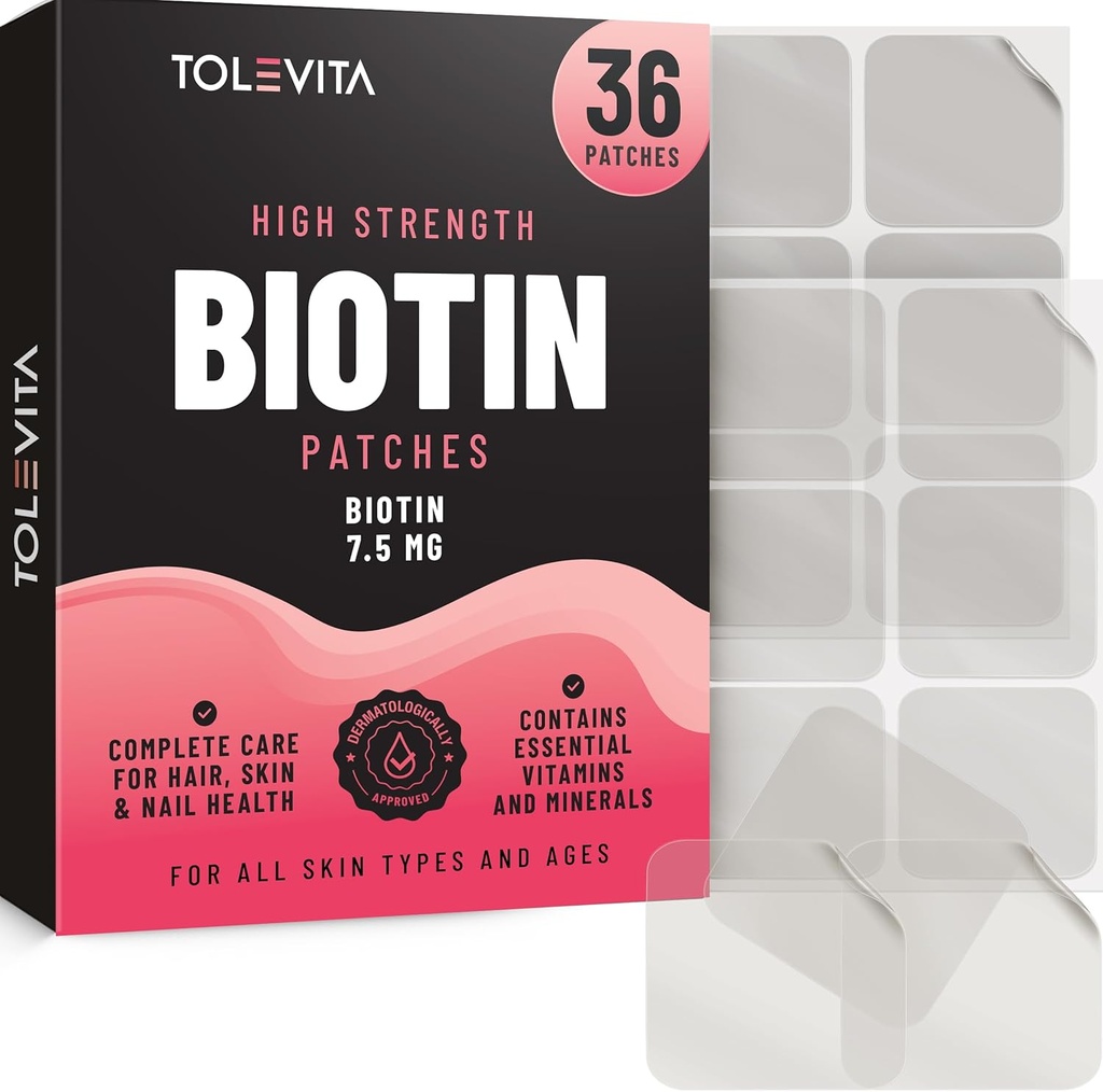 Patches de biotina - 36 Pcs Ø 7.5 mg Biotina con vitaminas esenciales " Minerales " soportes saludables para el cabello, uñas fuertes " piel radiante  durable fácil de usar para belleza y estilos de vida activos