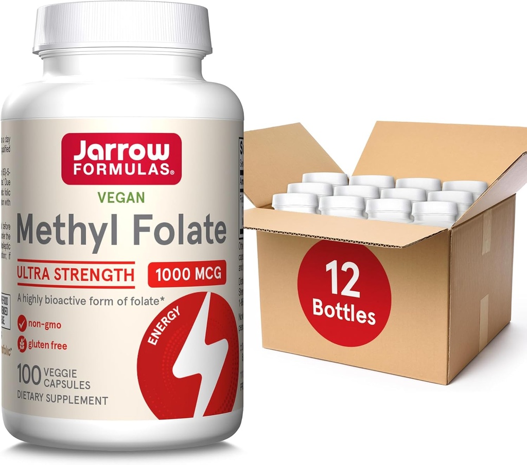 Jarrow Fórmulas Metil Folate 1000 mcg, Suplemento dietético, Folato de Metil para Apoyo en Energía Celular, 100 cápsulas de verduras, 100 fuente de día, (Pack of 12)