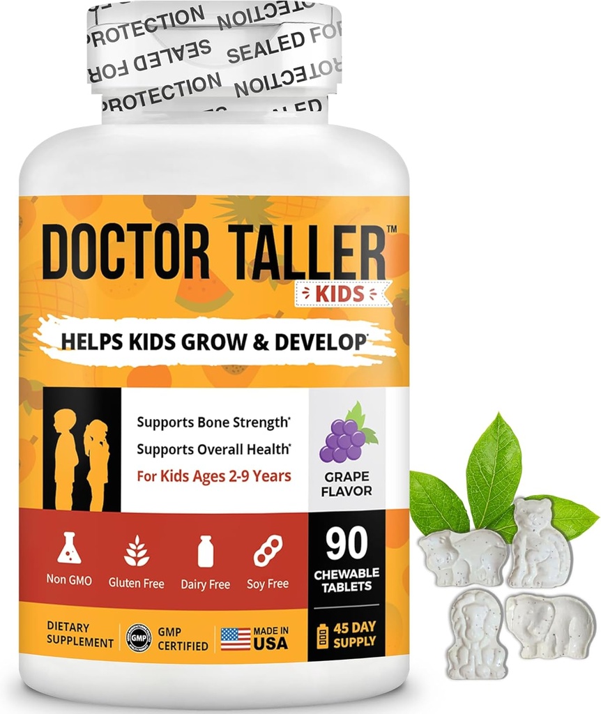 Doctor Taller Kids - Multivitaminas Infantiles, Vitaminas Toddler - Soporte Bone Strength, Inmunity Mejorada con Calcio, Multivitaminas para Edades 2 a 9 - Grape Flavor - 90 Tablas Chewable ← 6 Semanas Suministro