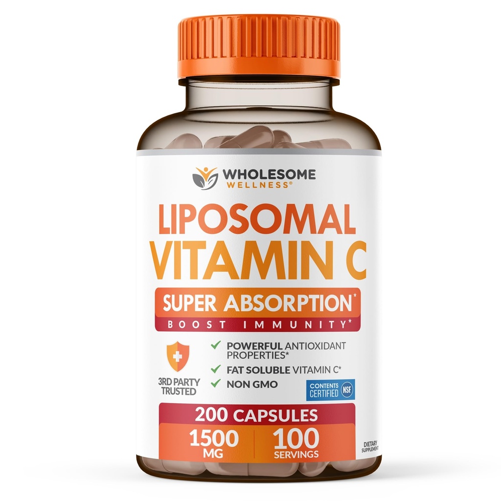 Wholesome Wellness Liposomal Vitamin C Capsules (200 Píldoras 1500mg amortiguadas) Alta Absorción, Immune System & Collagen Booster, High Dose Fat Soluble Immunity Support Ascorbic Acid, Natural Vegan