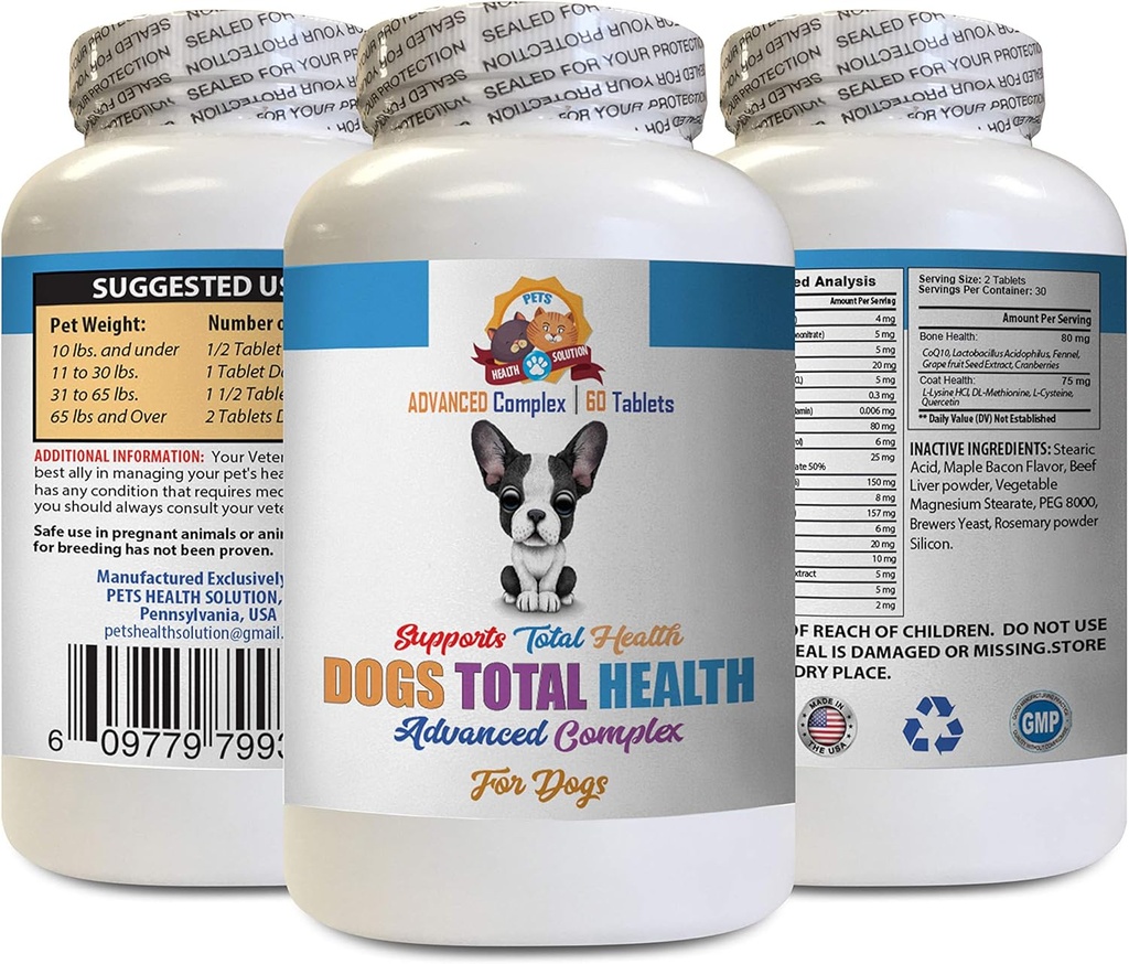 Vitaminas para Perros Ojos - Perros Total de Salud Fórmula - Soporte Avanzado - Peluquería Cuellos Cuidado orina - Vitamina e para Perros Piel - 60 Tabletas (1 Botella)