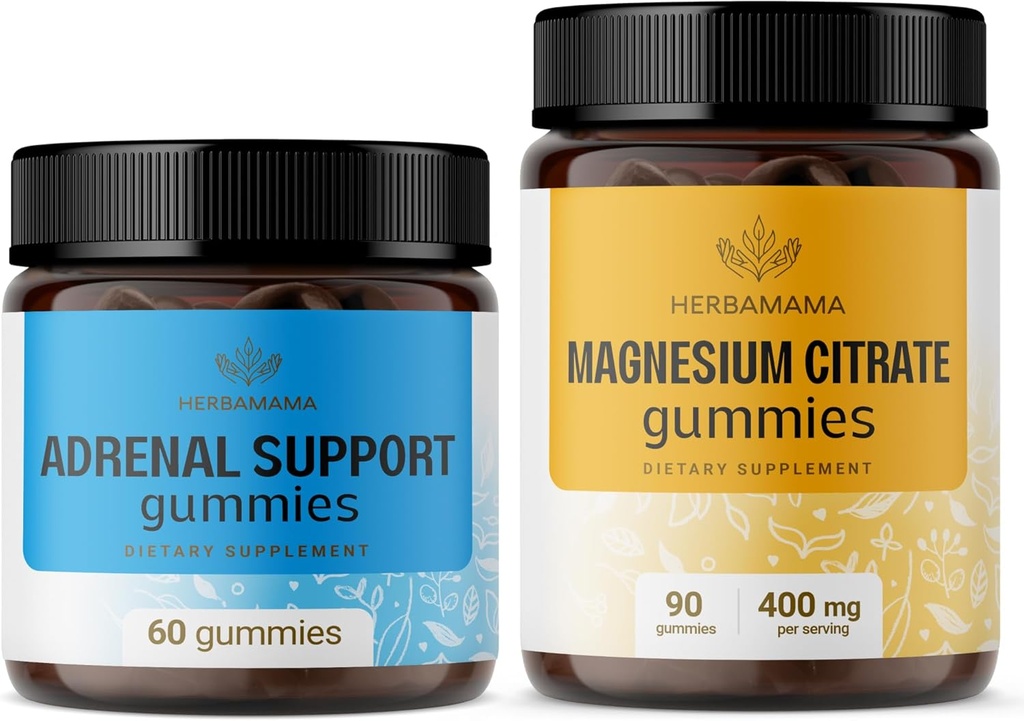 HERBAMAMA Complejo de Adrenal y Kit de Magnesio - Complejo de Soporte Adrenal & 400 mg Gummies de Citrato de Magnesio - Vegan, No GMO, Gelatin-Free - 2 Pack