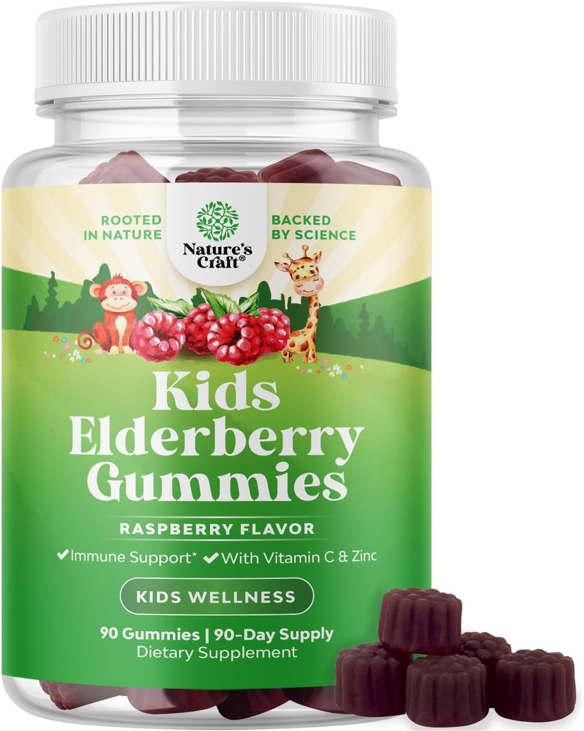 Naturalezas Artesanía Sambucus Gummies para la salud infantil - Delicious Black Elderberry Gummies with Zinc and Vitamin C for Kids Immune Support - Gelatin and Gluten Free Non-GMO Apoyo a la inmunidad 90