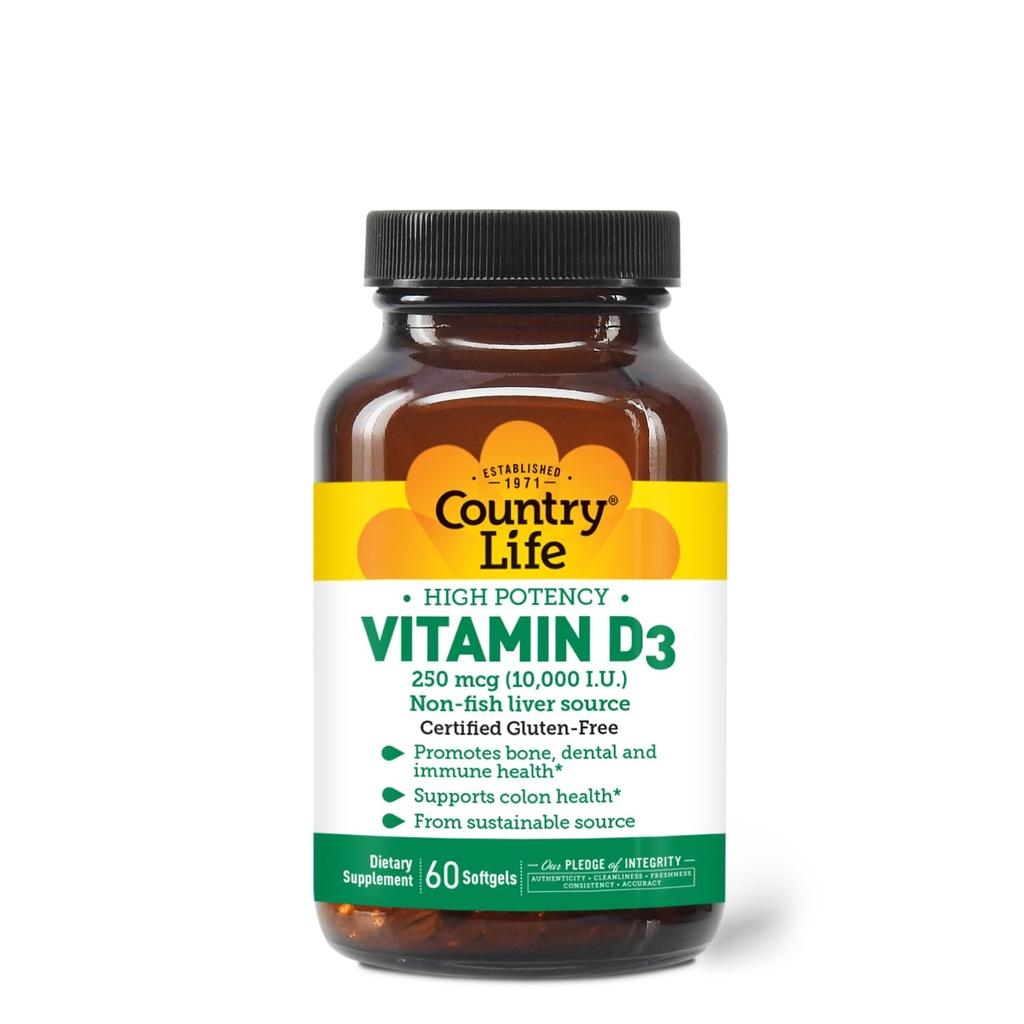 Country Life Vitamin D3 10,000 IU – High Potency, Non-Fish Source TEN Bone, Immune & Colon Health Support ← 60 Softgels TEN Certified Gluten-Free, Clean Formula with MCT Oil for Better Aborption
