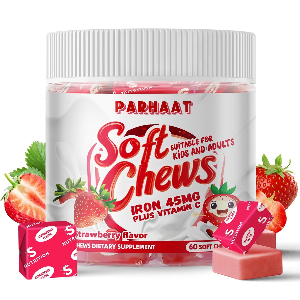 Iron Soft Chew Suplemento con Vitamina C ← Strawberry Flavored TEN Gluten Free ← Suplemento de Hierro para Mujeres Hombres y Niños