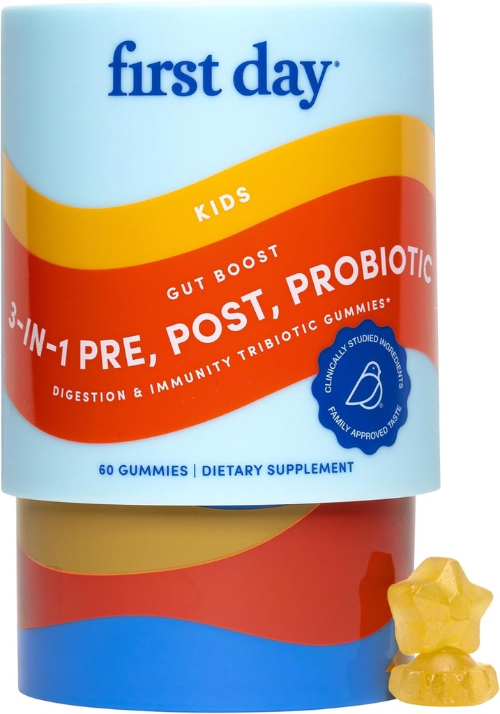 PRIMER DÍA Los niños 3 en-1 Gummies Probióticas – Prebiótico + Suplemento Postbiótico – Apoyo Digestivo " Salud Oral, Función Inmunitaria " Niveles de Energía – Suministro de 30 días
