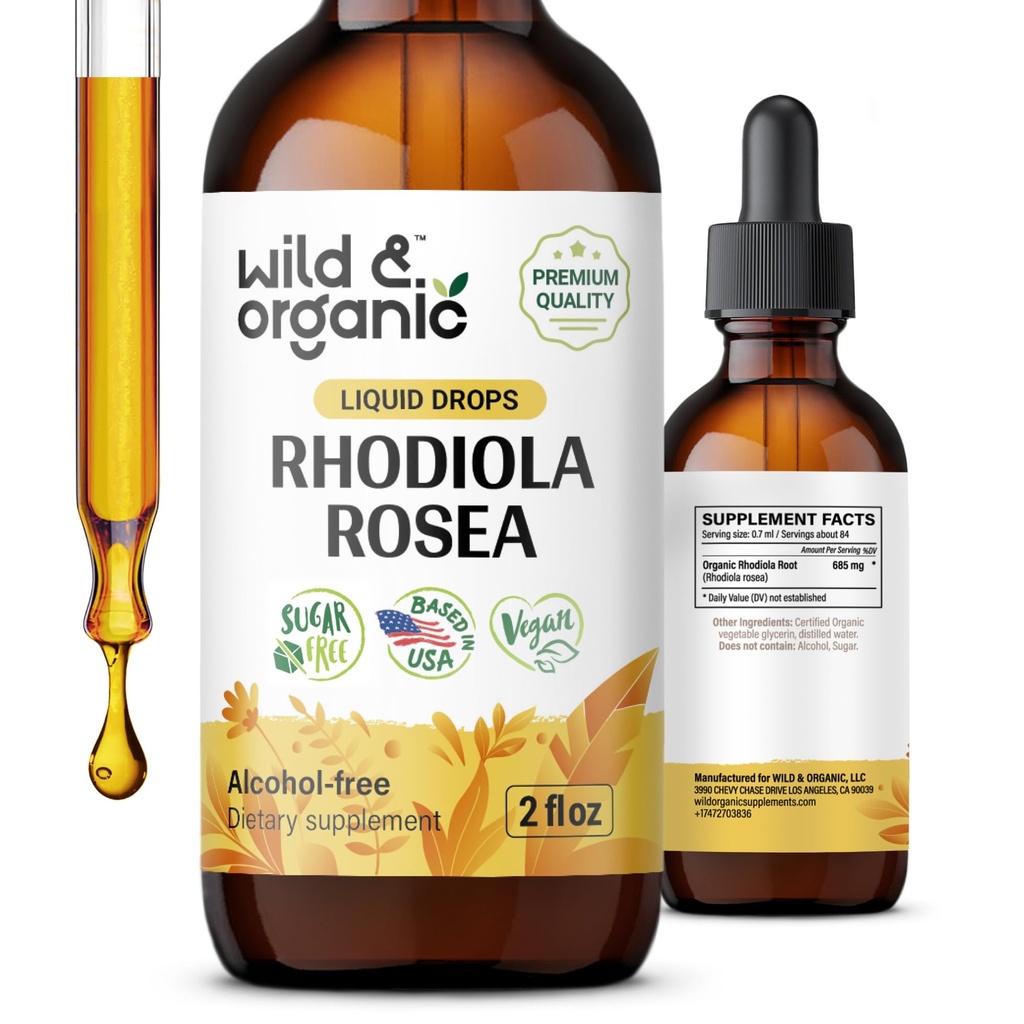 Wild " Organic Rhodiola Rosea Tincture - Mood Support - Relaxing Rhodiola Supplement - Root Extract Liquid Drops - Vegan, Sugar " Alcohol-Free - 2 fl oz