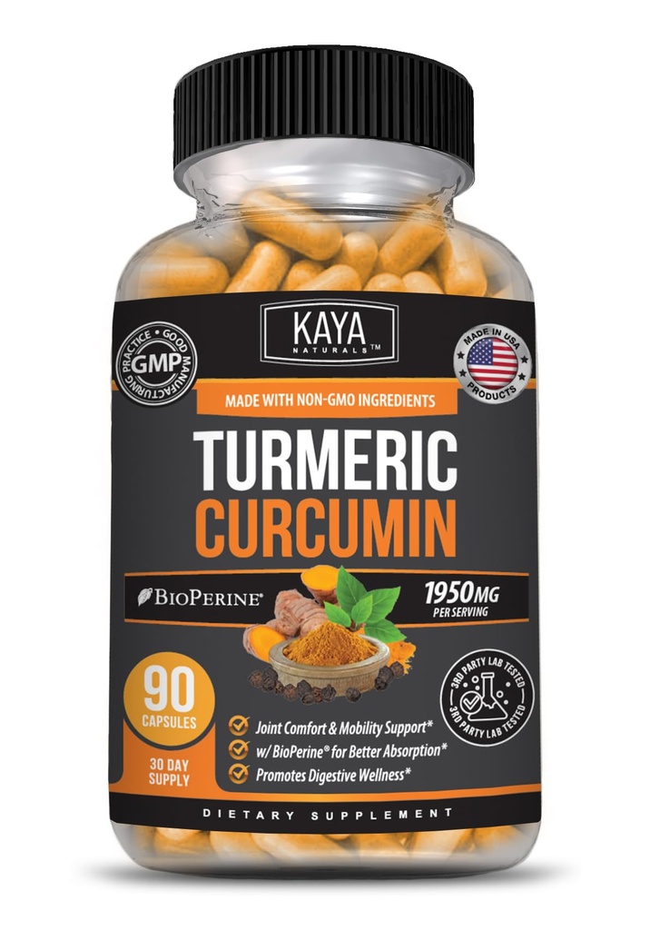 Kaya Naturals Turmeric Platinum, 60 Conde Capsules, Bioperina, Soporte Premium con 95% Curcuminoides Estándarizados - 60 cápsulas