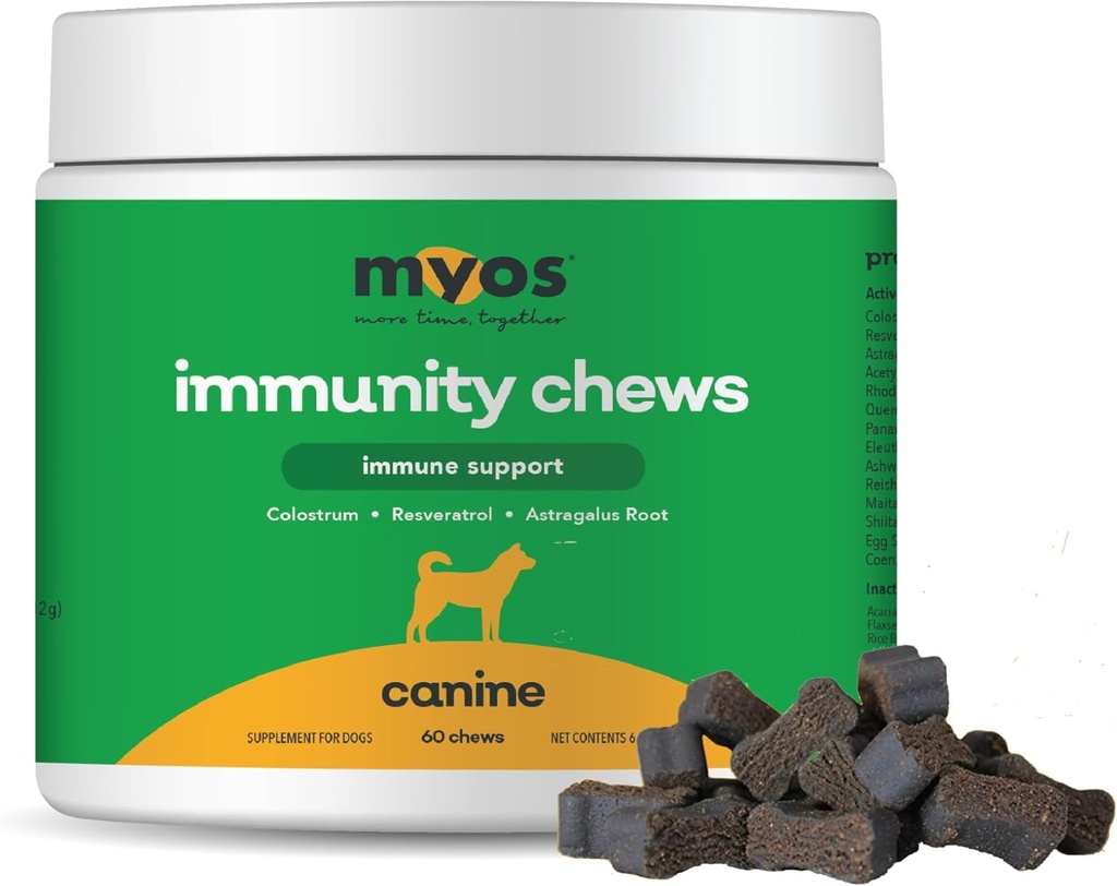 MYOS Mandíbula de inmunidad para perros - Soporte de sistema inmunitario, antioxidantes, ayuda a la salud celular " Vitality- con Colostrum, Resveratrol, Astragalus Root y Mushrooms- Daily Chewable Suplemento