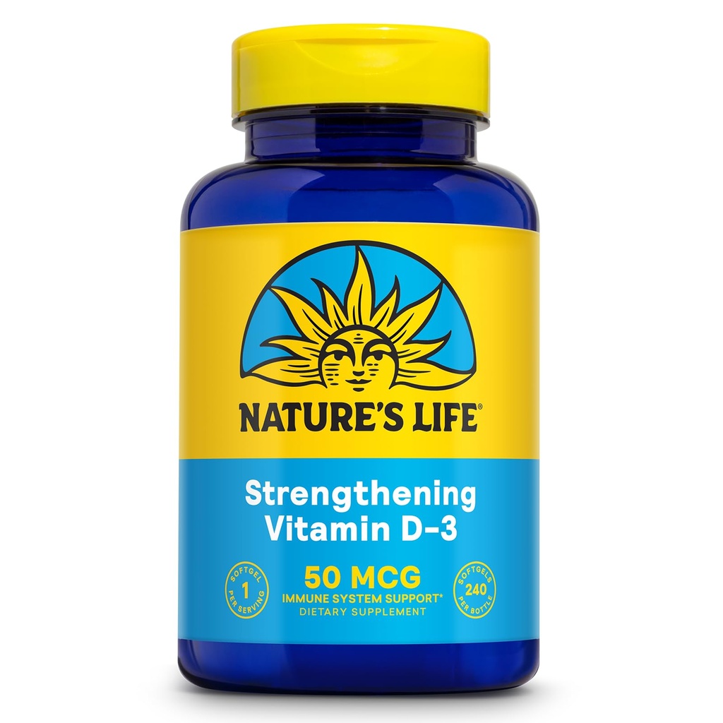 Fortalecer la vida de la naturaleza Vitamina D3 2000 UI (50 mcg) - Vitamina D - Sanidad de los huesos y suplemento de apoyo inmunitario - Softgeles fáciles de cambiar - Garantía de 60 días, Laboratorio Verificado - 240 Servimientos, 240ct
