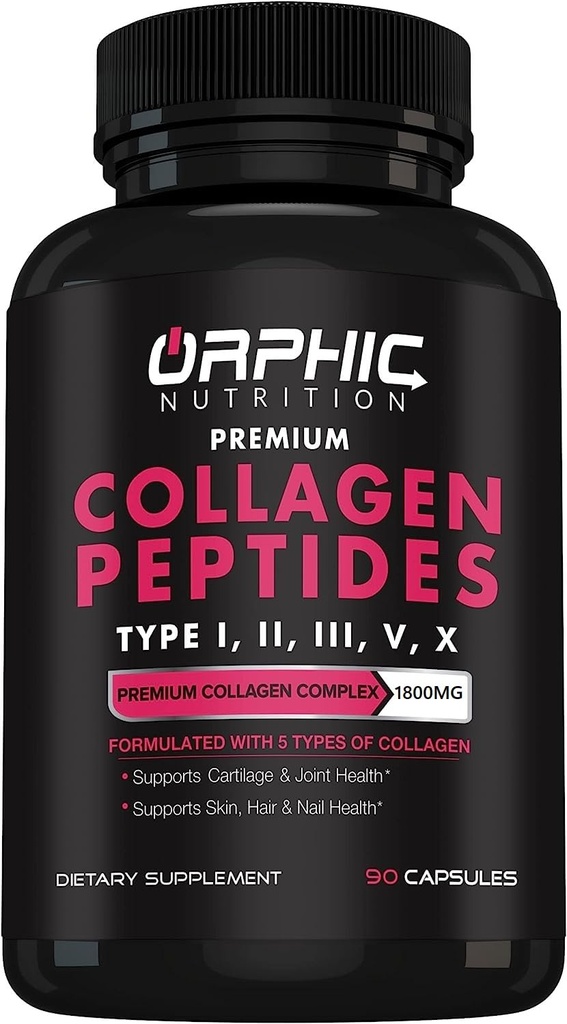 Péptidos de colágeno ORPHIC Capsules for Women,1800mg Píldoras multi colágeno Tipos I, II, III, V, X - Apoya la Salud Digestiva Manteniendo articulaciones fuertes, tendones, ligamentos y músculos* 90 Cápsulas
