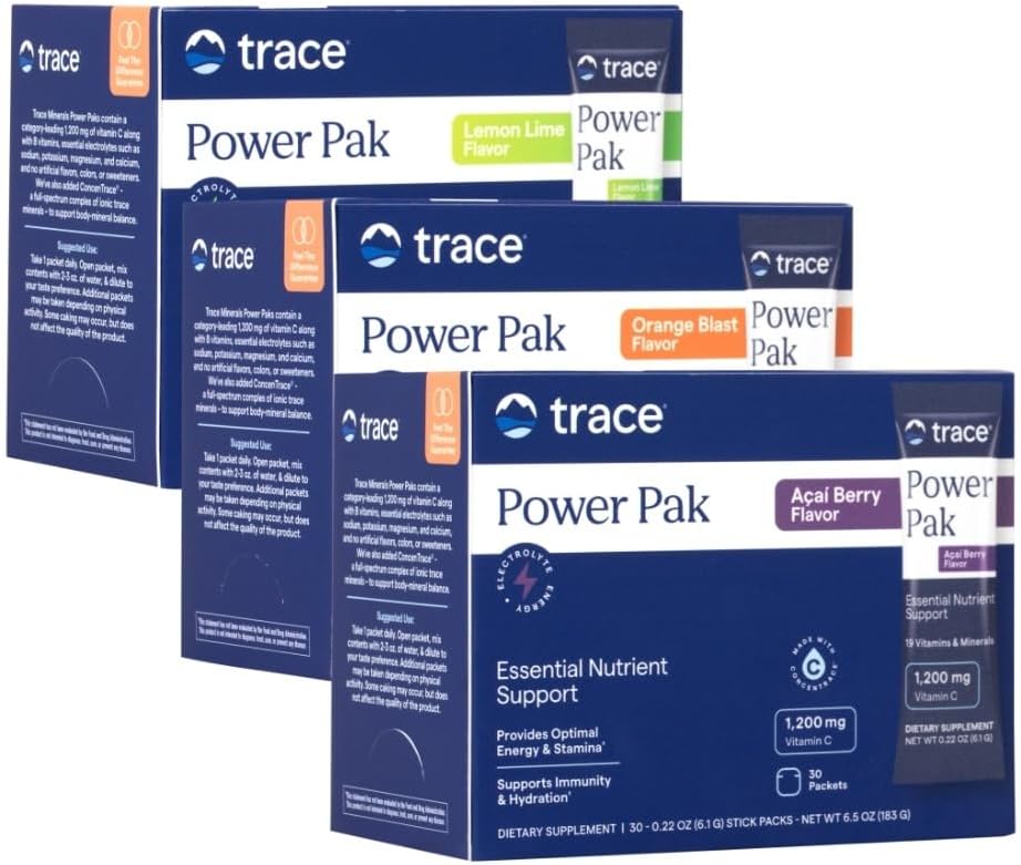 Trace Minerals Power Pak Multivitamin y Packets Multimineral - Electrolyte Support - 1200 mg Vitamin C Plus 70 Orange Blast, Lemon Lime y Acai Berry Variety - 90 Packets