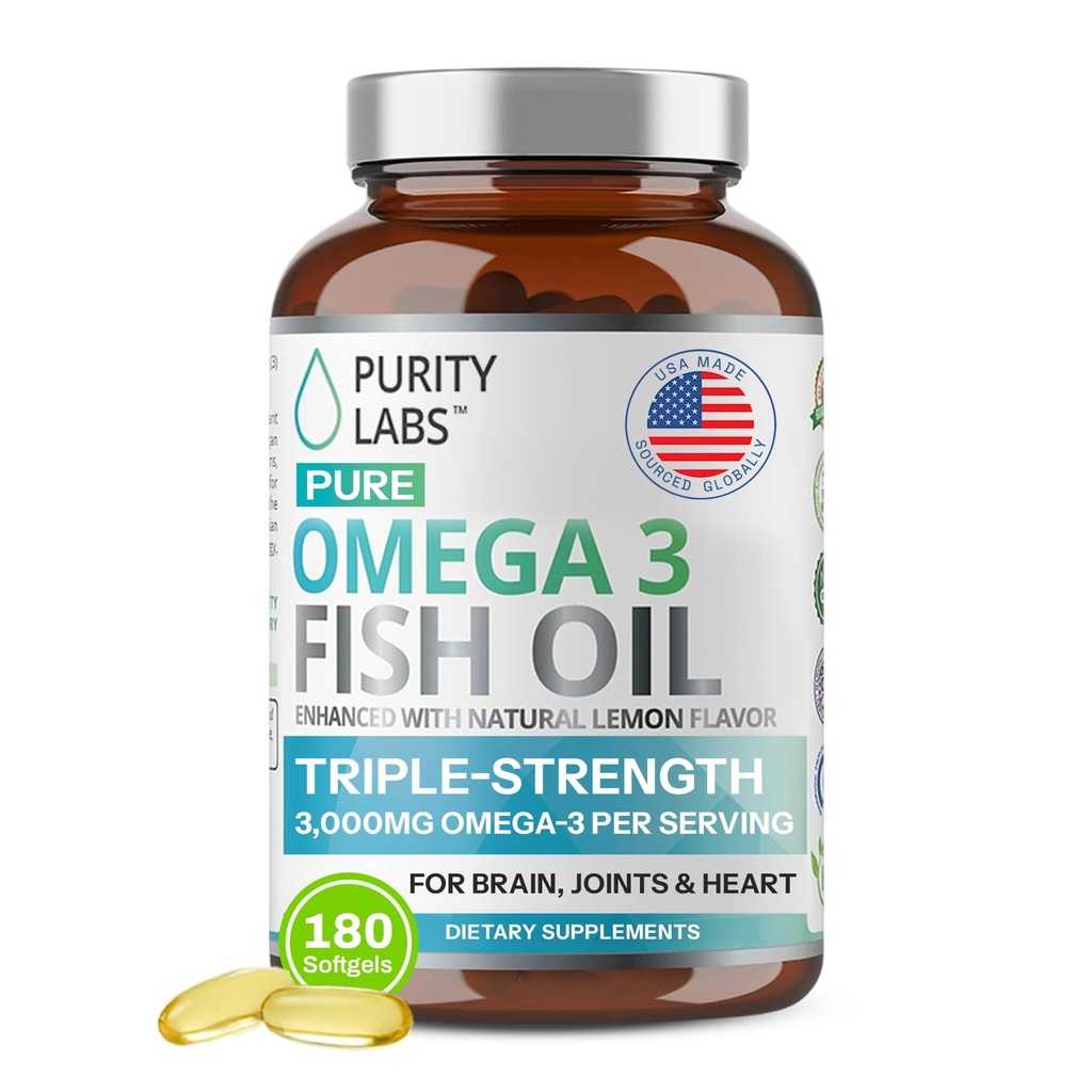 Laboratorios de pureza Omega 3 Fish Oil 3000mg – DHA &amp; EPA Omega 3 Fatty Acid Suplementos para apoyar la salud cardíaca y cerebral - Immune Support Suplemento - 180 Softgels (60 Servimientos)