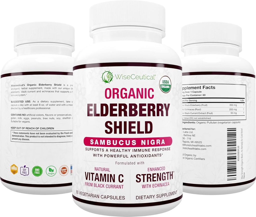 Max Strength USDA Organic Black Elderberry, Black Currant Extract " Echinacea Silencioso 3 en 1 Natural Immune Support " Vitamin C ¦ Sugar-Free, Vegan-Friendly ← Homeopathic Remedy ← 60 Count