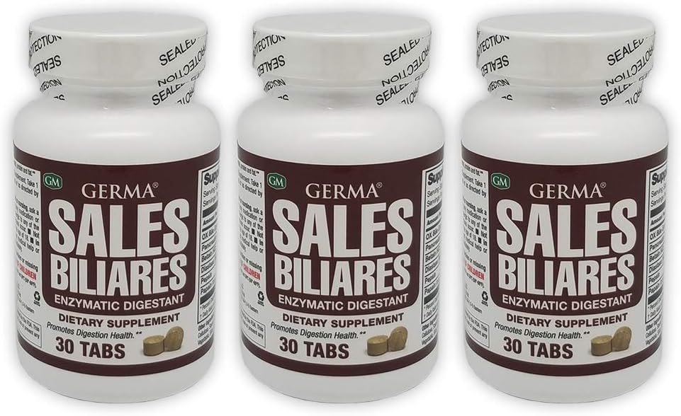 Germa Bile Salts Natural Dietary Suplemento. Enzymatic Digestant. Ayudas en la Digensión de Starch, Protein y Fat. 30 Tablas. Paquete de 3