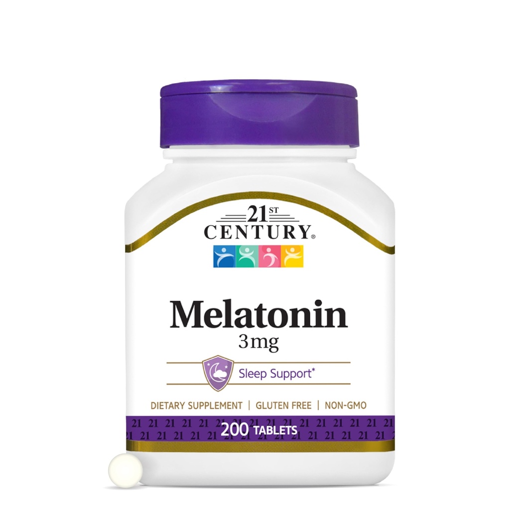 Melatonina del siglo 21 3mg Gentle Strength Tablets, 200 Conde, Sleep Aid for Adults, Promueve Relajación & Descanso, No-Habit Forming, Sin gluten, No-GMO