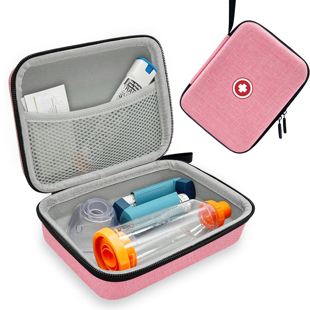Caja de Espaciador de Inhalador Duro para Niños y Adultos, Caso Asma Inhaler con bolsillo de malla para la medicina y otros accesorios, Rosa (sólo cabeza)