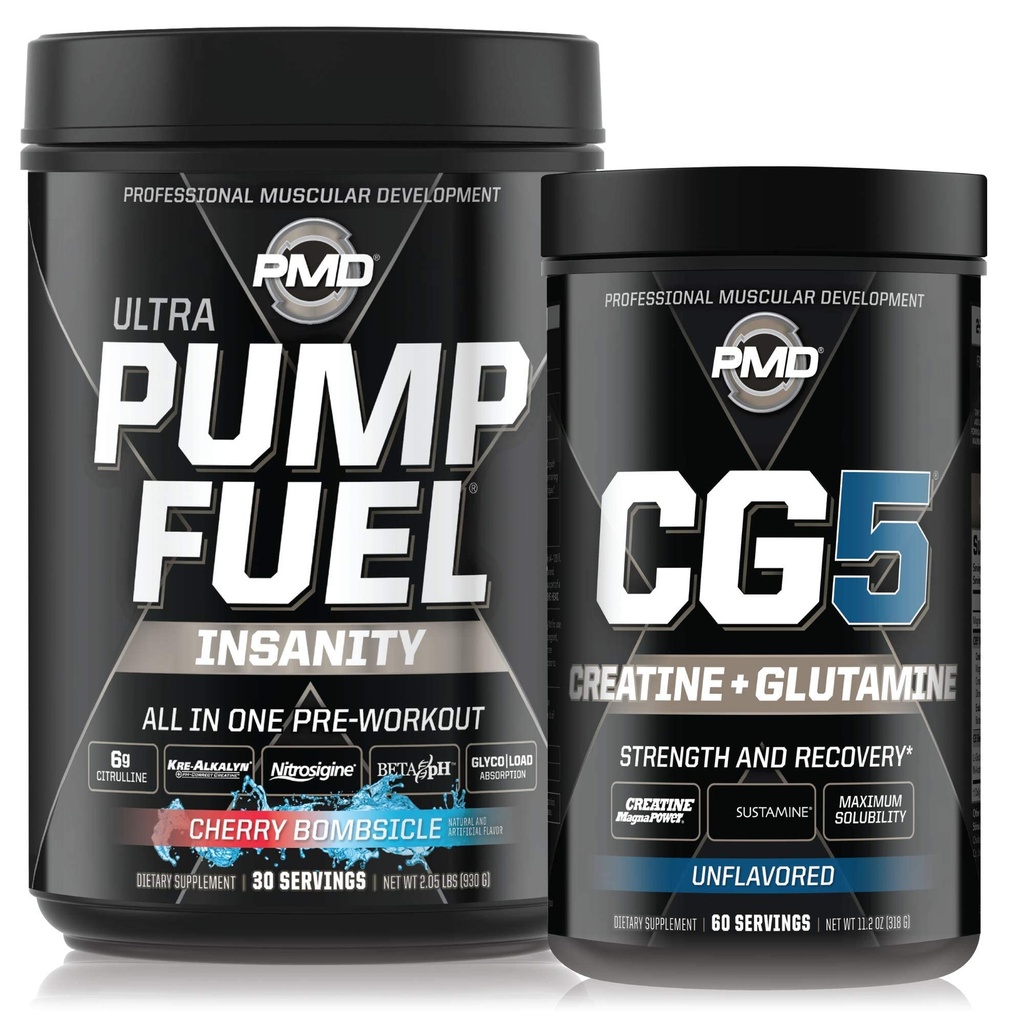 PMD Sports Ultra Pump Fuel Insanity - Pre Workout – Cherry Bombsicle (30 Servings) Sports CG5 Premium Creatine y L-Glutamine Powder (60 Servings)