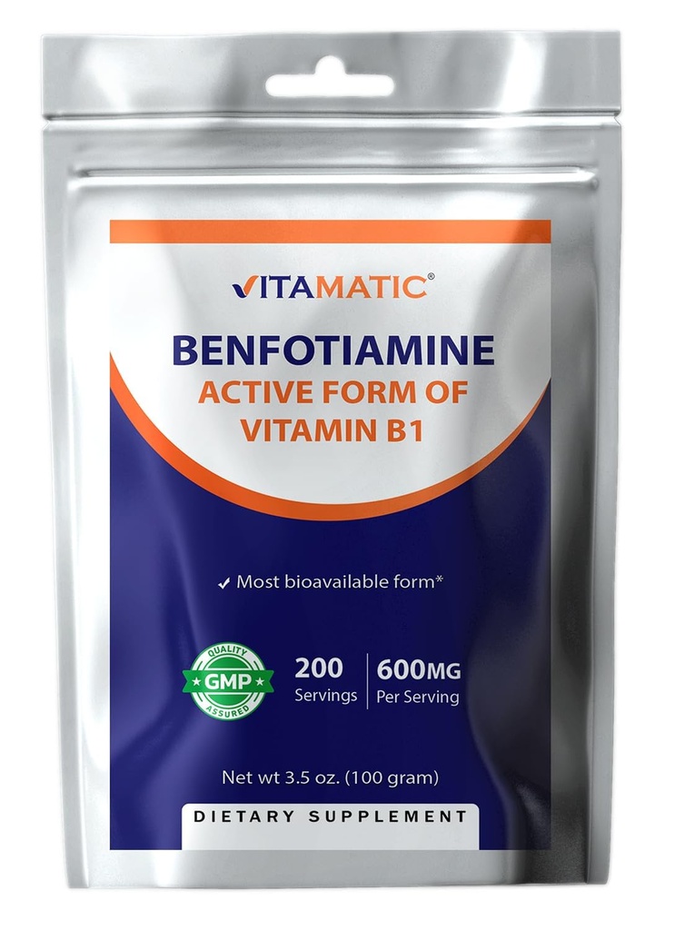 Vitamatic Benfotiamine Pure Powder 600 mg por Serving - 100 gramos - También llamada Fat Soluble Vitamina B1