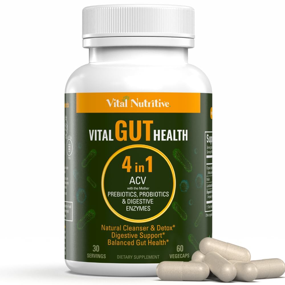 Vital Gut Health 4in1 Fórmula con Apple Sider Vinegar, Prebióticos " Probióticos, Enzimas digestivas para el apoyo a la inmunidad fuerte y el apoyo completo y la digestión