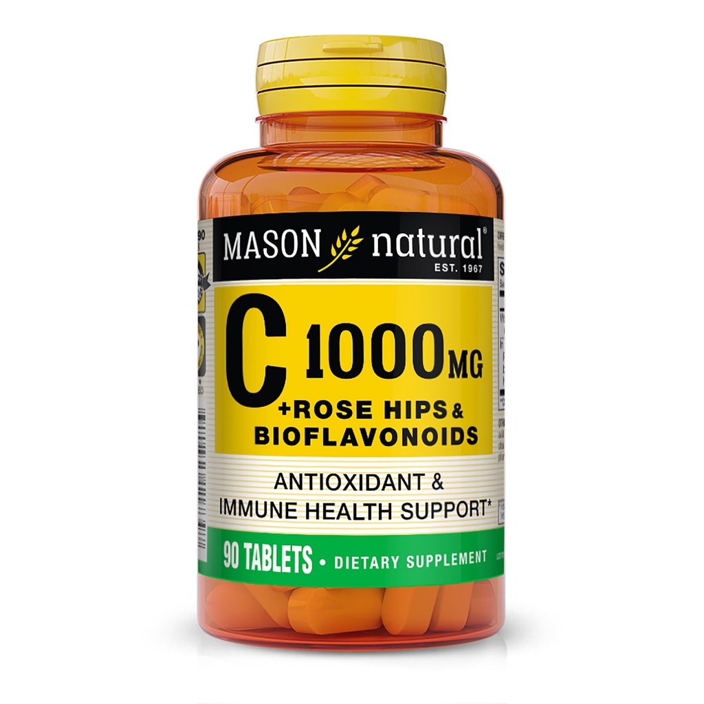 MASON NATURAL Vitamina C 1000 mg Plus Conjunto de HIPS y Bioflavonoides Rosa - Soporta un Sistema de Inmunes Saludables, Antioxidantes y Nutrientes Esenciales, 90 Tabletas