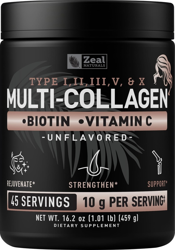Péptidos Multi Collagen Premium Pólvora Proteína (1, 2, 3, 5 &amp; 10) con Vitamina C, Biotina, Ácido Hialurónico, para la piel del cabello y uñas - Marine, Bovine, Pollo &amp; Eggshell (Unflavored, 45 Servings)